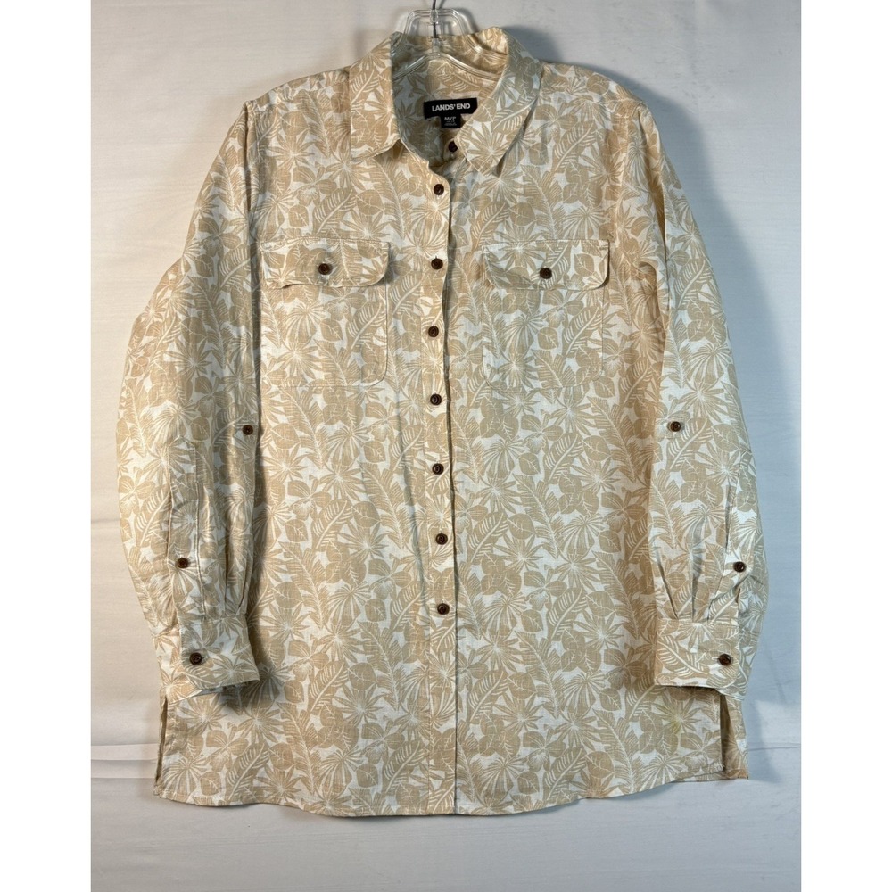 Lands‎ End Womens M Tan Tropical Floral Linen Blend Roll Tab Button Up Shirt